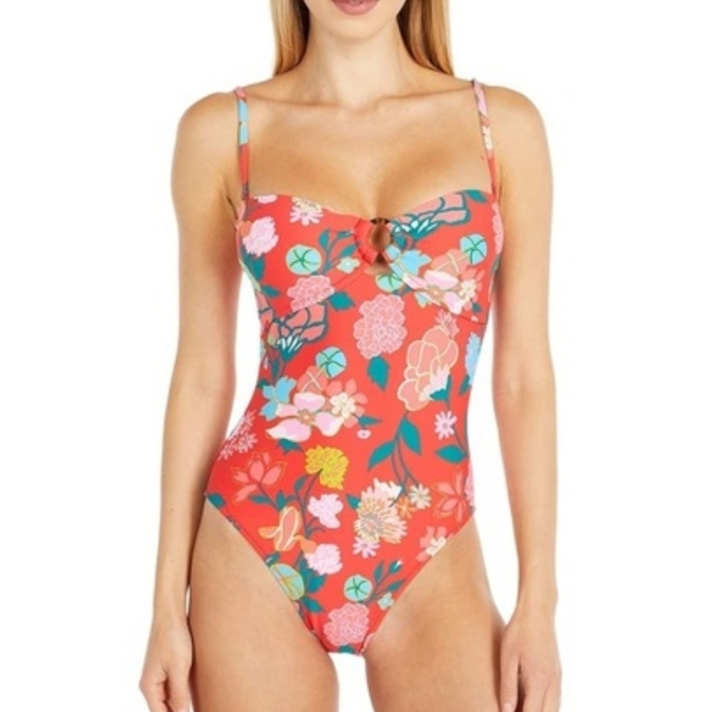 J. Crew Gavotte Floral Ring Bandeau Tank Swimsuit Red 16